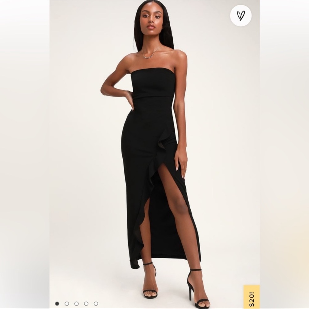 Lulus black dress with ruffle slit detail. Relishing because I need smaller size